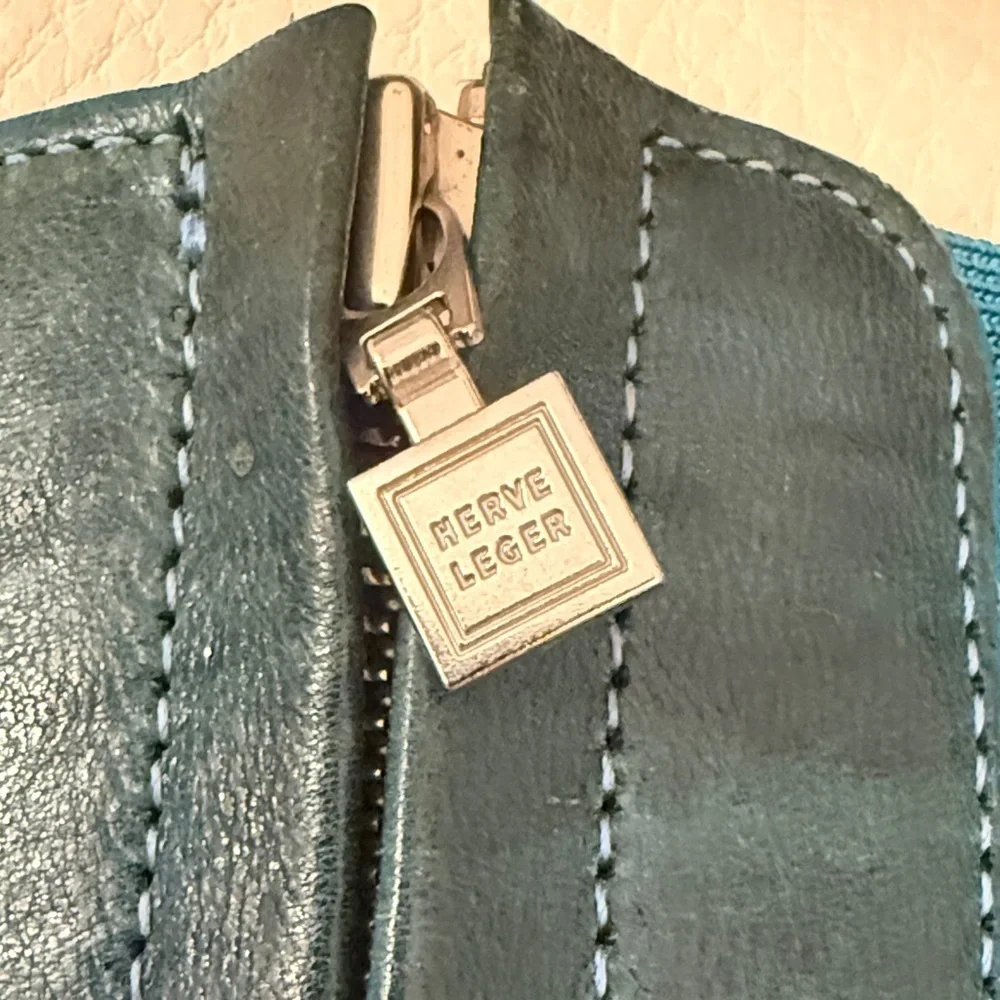 Herve Leger Teal Leather Zipper Accent Belt authentic